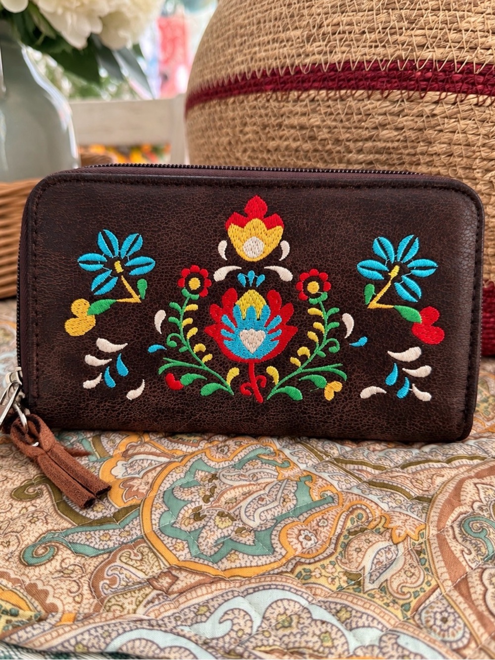 Vintage Hand Embroidered Genuine Leather Women’s Wallet Mexican Floral Boho Folk